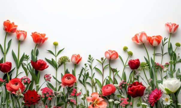 Mixed bouquet of tulips and ranunculus in a spring arrangement. Vibrant red and pink flowers with green leaves on a white background with space for text.