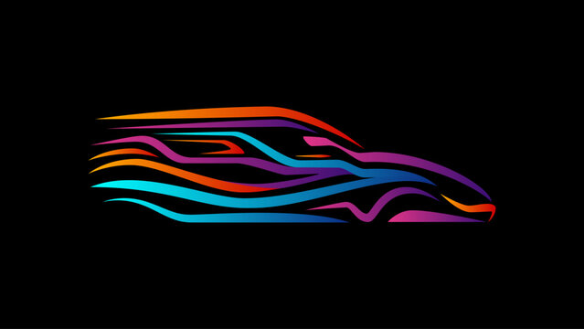 Suv car colorful line logo on black background. Modern line crossover car.