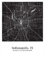 Indianapolis city map. Travel poster vector illustration with coordinates. Indianapolis, Indianapolis, The United States of America Map in dark mode.