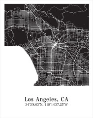 Los Angeles city map. Travel poster vector illustration with coordinates. Los Angeles, California, The United States of America Map in dark mode.
