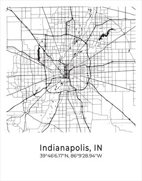 Indianapolis city map. Travel poster vector illustration with coordinates. Indianapolis, Indianapolis, The United States of America Map in light mode.