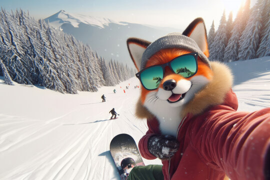 Generated image of a funny fox on a snowboard in the snow, doing selfie, close up portrait shot, sunlight, winter time, vacation,