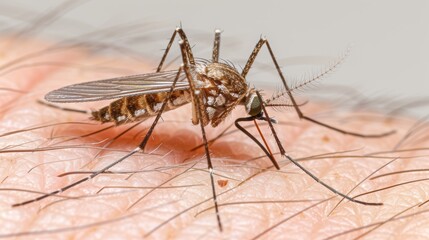 Close up view of mosquito sucking blood on human hand with copy space for text placement