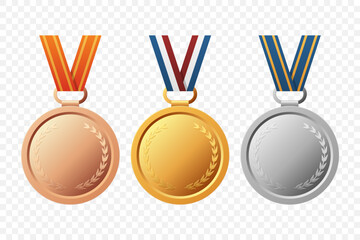 Vector Gold, Silver, and Bronze Award Medal Icon Set with Color Ribbons Close-up Isolated. First, Second, Third Place Prizes. Sport Tournament Victory Concept
