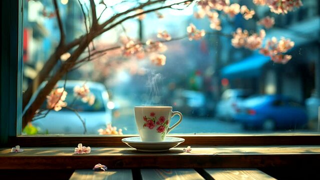 cup of coffee warms the atmosphere by the spring window. Seamless looping 4k time-lapse virtual video animation background