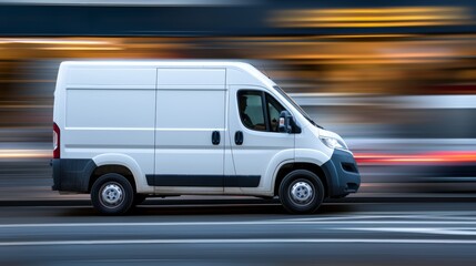 Fototapeta na wymiar Fast moving white modern delivery van transporting small shipment on motorway road to urban suburb