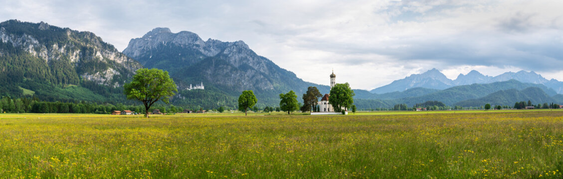 Panorama of Saint Coloman church near the Neuschwanstein castle