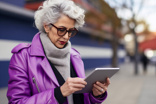 Stylish Older Latina Woman Focused on Tablet