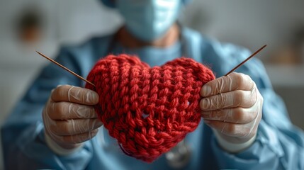 A surgeon, wearing a medical mask, skillfully knitting a heart-shaped pillow. AI generated