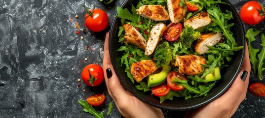 Woman holding salad bowl with tomatoes, chicken, avocado, greens, copy space, healthy eating concept