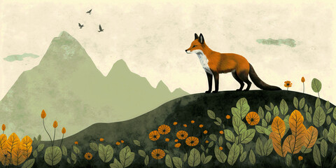 Stylized illustration of a fox on a hill with autumn leaves and distant mountains