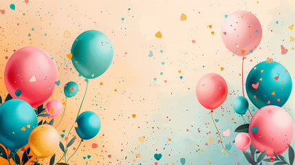Colorful balloons with confetti illustration for festive celebration on watercolor background.