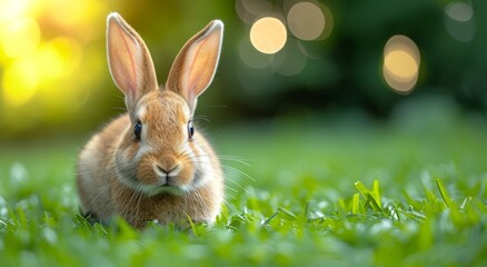 Fototapeta premium Beautiful Furry Easter Rabbit Bunny on Sunny Meadow. Bokeh Lights, Spring Garden, Traditional Easter Scene.