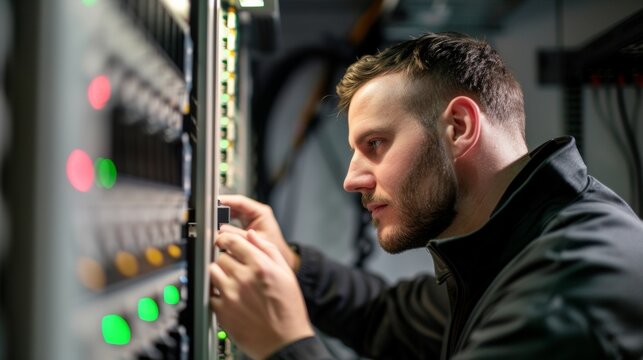 Focused network engineer adjusting equipment in server room, surrounded by illuminated indicators and cables