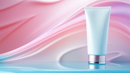 Bottle of moisturizer with slashes and waves on light pastel blue and pink background, hydrating face cream or lotion for skin care. Cosmetic mockup, space for text, Generative AI