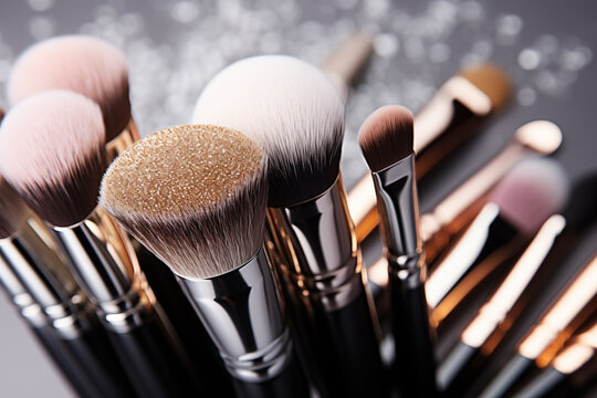 Close up of  makeup brushes, a collection of makeup products with shiny eyeshadow and soft brushes. The concept of cosmetics, body and face care. Generative AI