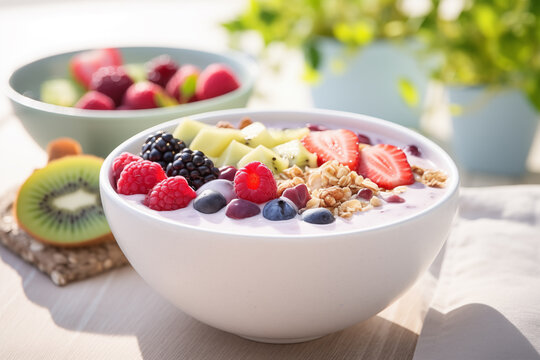 Close up of healthy breakfast bowl with muesli, blueberry smoothie and fruits. Generative AI