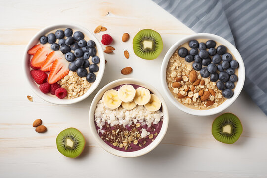 Top view of healthy breakfast bowl with muesli, blueberry smoothie and fruits. Generative AI