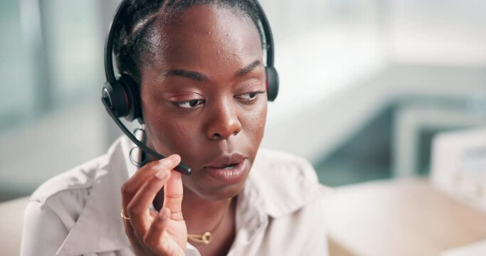 Telemarketing, help desk and black woman with customer service, call center and headphones for communication. African person, insurance agent and consultant with advice and technical support with crm