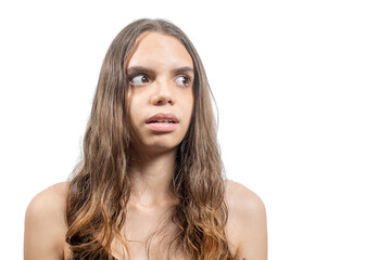 Fototapeta premium Portrait of a young blonde Latin American woman, face of fear and amazement