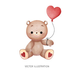 Teddy Bear with Ballon  Wattercolor Illustration Hand Drawing 