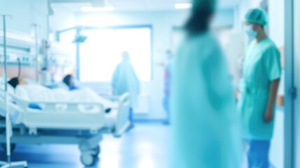 Obraz premium A hospital room filled with medical equipment and people, blurred defocused blue, white and cyan medical background.