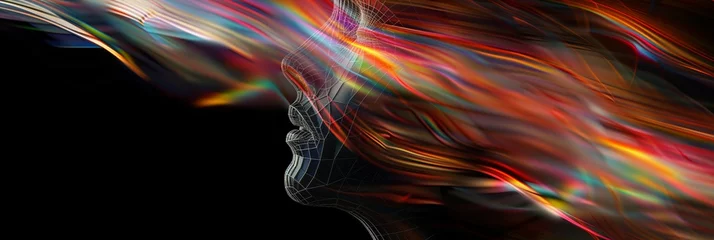 Photo sur Aluminium Ondes fractales abstract art with glowing lines passing over a human face, representing the five senses
