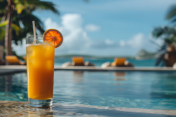 A glass of refreshing orange juice sits beside a sparkling swimming pool under the warm sun
