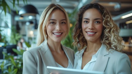 Two professional businesswoman looking at a analyzing financial on tablet in the office