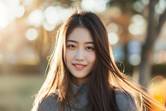 japanese woman with long hair smiling looking at camera