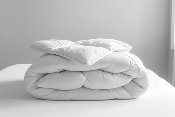 White folded duvet on bed   winter season preparation, household textile, hotel or home decor