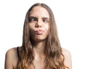 Naklejka premium Portrait of a young Latin American blonde woman with funny expression and crooked eyes
