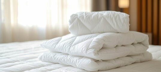 Fototapeta na wymiar White folded duvet on bed preparing for winter season, household and domestic activities