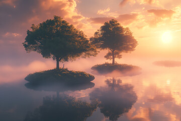 Fototapeta premium A tranquil sunrise over a misty lake with small, grassy islands and a lone tree reflecting on the water's surface.