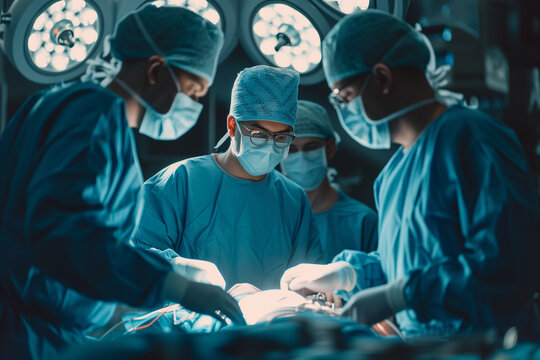 A focused surgical team works together during a surgery in the well-lit operating room, showcasing teamwork and precision.