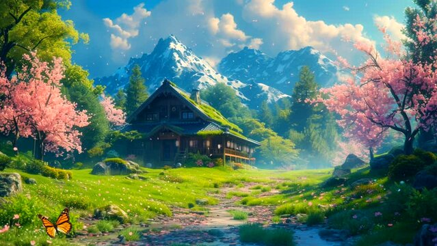 cozy log cabin in the middle of a spring forest. Seamless looping 4k time-lapse virtual video animation background