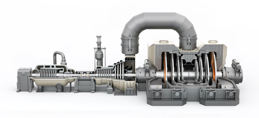 Steam turbine in section on a white background. Shaft with impellers. Internal structure of a turbine for a power plant generator. 3d illustration