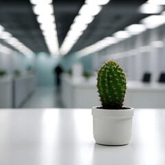 Cactus on office background, blurry empty open office space, office atmosphere