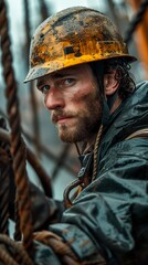 Obraz premium Close-up of a ship mooring ensuring the safety of vessels in the port. Maritime worker mooring a ship concentrated at work.