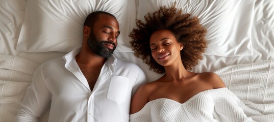 Blissful young black couple in white clothes peacefully sleeping on white bed with copy space - Powered by Adobe