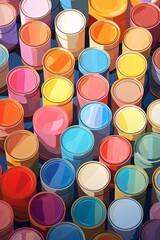 a group of colorful cans of paint