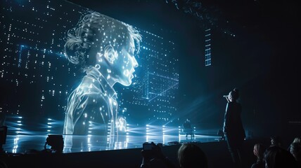holographic concert performance with a hologram of a famous artist on stage, representing the future of live entertainment