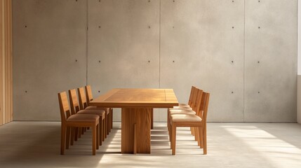 Minimalist dining room with a large wooden table against a gray concrete wall.