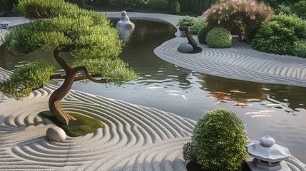 Rolgordijnen Zen Japanese Garden: a peaceful scene depicting a traditional Japanese garden with a koi pond, meticulously raked gravel, and bonsai trees sculpted into elegant shapes. © tilialucida
