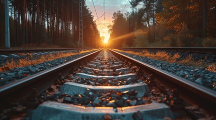 Sunset over railroad tracks  scenic view of railway track bathed in the warm hues of the setting sun - Powered by Adobe