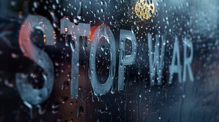 Close-up of a glass window covered in water droplets with the words 