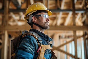 A man in safety gear, including a hard hat and safety goggles, working on a wood house construction project.