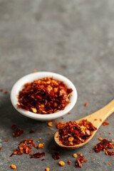 Red Chilli Flakes on Wooden Spoon