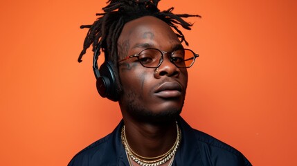 Creative young man wearing high tech glasses and headphones against vibrant background
