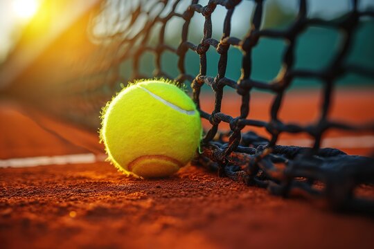 A tennis ball sits on the ground beside a tennis net, ready for play.